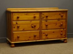 Solid pine six chest, six drawers, bun feet, W129cm, H79cm,