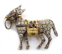 18ct white and yellow gold (tested) diamond and multi gem stone colour donkey brooch