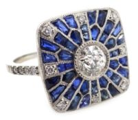 Platinum (tested) sapphire and diamond Art Deco style ring,