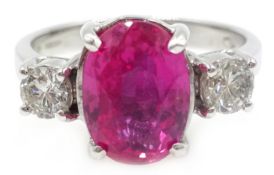 18ct white gold oval pink sapphire and diamond three stone ring, hallmarked, sapphire 2.