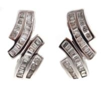 Pair of 18ct white gold baguette and round diamond half hoop ear-rings,