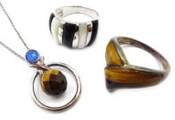Silver tigers eye ring, similar pendant necklace and black onyx and mother pearl ring,