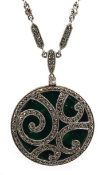 Silver marcasite and enamel pendant necklace,