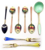 Two Norwegian silver-gilt and enamel serving forks by David Anderson,