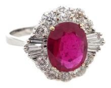 18ct white gold ruby and diamond cluster ring, stamped 750, ruby approx 2 carat, diamonds approx 0.