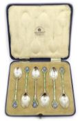 Set of six silver and enamel coffee spoons, with flower terminals by Mappin & Webb, Birmingham 1932,