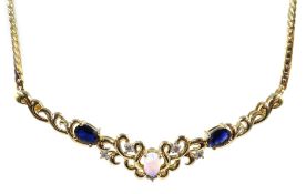 Gold sapphire, opal and diamond necklace, hallmarked 9ct Condition Report Approx 7.