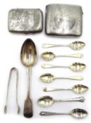 Two silver cigarette cases and various silver spoons approx 9.