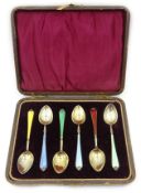 Set of six silver-gilt and enamel coffee spoons by Adie Brothers Ltd, Birmingham 1958,