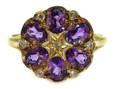 Gold amethyst and diamond flower design cluster ring,