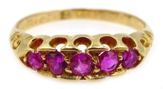 Victorian 18ct gold (tested) five stone ruby ring,