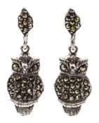 Silver marcasite owl pendant ear-rings,