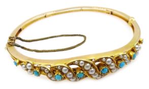 Victorian 15ct gold (tested) seed pearl and turquoise hinged bangle Condition Report