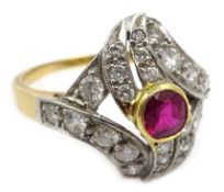 Gold ruby and diamond swirl ring, stamped 18k Condition Report Approx 5.