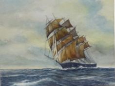 Sailing Ship at Sea, 20th century watercolour signed by R. J.