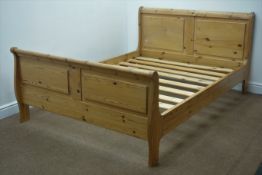 Traditional 4'6" waxed pine sleigh bed, W144cm, H90cm,
