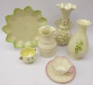 Belleek ceramics including a flower encrusted two handled vase with second period stamp,