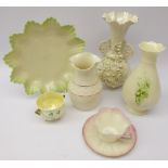 Belleek ceramics including a flower encrusted two handled vase with second period stamp,