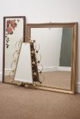 Angled rectangular shaped mirror with floral metal work (44cm x 66cm) an oak framed mirror with