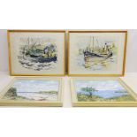 Fishing Boats in the Harbour, three 20th century mixed media's indistinctly signed,