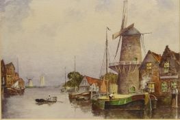 Dutch Canal Scene, 20th century watercolour by John Corke printed title, signature and dated 1956,