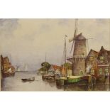 Dutch Canal Scene, 20th century watercolour by John Corke printed title, signature and dated 1956,