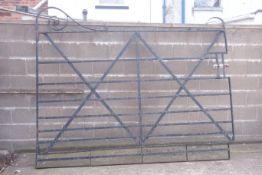 Large 19th century wrought metal estate gate, scrolled top, W263cm,