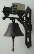 Cast metal 'Land Rover' type, wall mounted bell, H33cm, D23cm,
