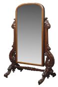 Victorian mahogany Cheval mirror, arched swing plate on acanthus scroll carved supports,