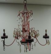 Painted cast metal chandelier in the form of a Pagoda with teardrop and cut glass drops,