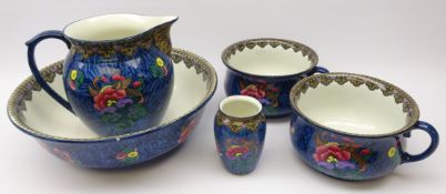 Five piece Losol Ware 'Magnolia' pattern toilet set comprising; wash bowl and jug,
