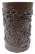 Japanese Hardwood brush pot, relief decorated with figures and animals in a landscape,