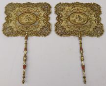 Pair 19th century face screens or fixed fans,
