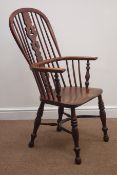 19th century elm high back double bow Windsor armchair, crinoline stretcher,