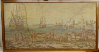 Large machine woven depicting an busy harbour scene, mounted in frame,
