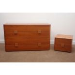 Curved teak chest, four drawers (W126cm, H74cm, D52cm) and matching bedside chest,