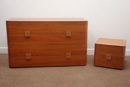 Curved teak chest, four drawers (W126cm, H74cm, D52cm) and matching bedside chest,