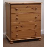 Solid pine narrow chest, four drawers, bun feet, W75cm, H87cm,