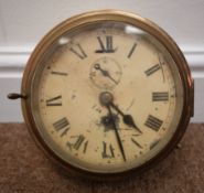 Early 20th century brass bulkhead clock, circular Roman dial with subsidiary seconds dial,