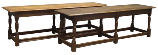 Pair 17th century style joint benches, rectangular moulded tops, turned supports with stretchers,