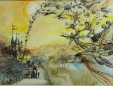 Fairy Gathering, contemporary watercolour signed Mally with Talents gallery label verso 30cm x 40.
