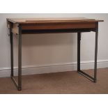Mid 20th century school desk, hinged beech top, wrought metal supports, W102cm x 61cm,