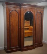 Victorian mahogany triple breakfront wardrobe, projecting cornice,