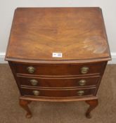 Reproduction mahogany bow front chest, three drawers, cabriole legs, W47cm, H34cm,