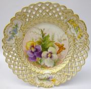 Meissen reticulated plate, hand painted with a Butterfly amongst Pansies,