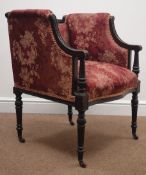 Late Victorian carved mahogany framed chair, upholstered with floral patterned fabric,