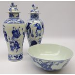 Pair matched Chinese blue and white baluster vases & covers decorated with figures,