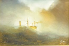 Steam Ship in Rough Seas, 20th century oil on canvas signed by Robert Huxley 49cm x 64.