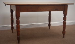 Victorian waxed pine farmhouse table, turned supports, 138cm x 86cm,