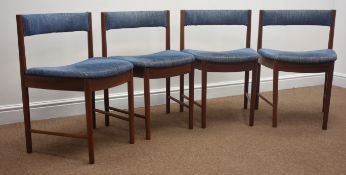 Set four teak framed retro chairs, upholstered back and seat,